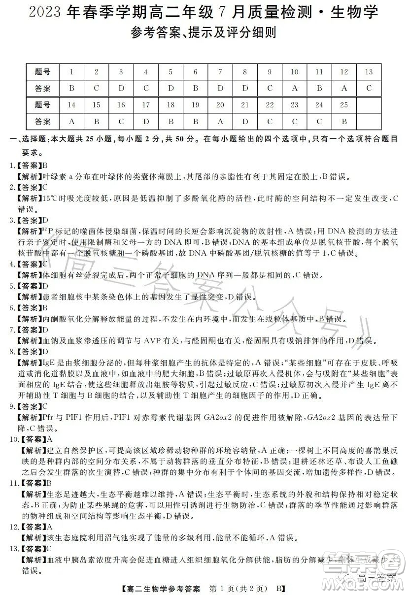 2023年春季學(xué)期高二年級7月質(zhì)量檢測生物試卷答案