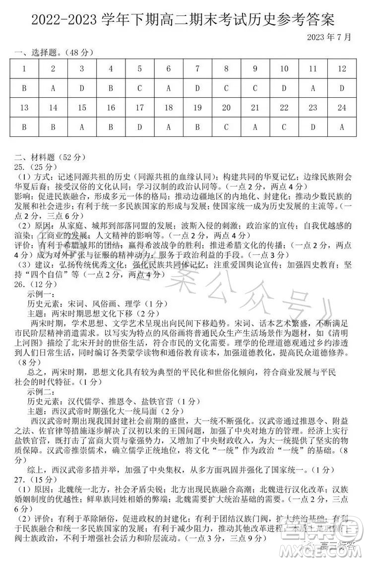 樂(lè)山市高中2024屆期末教學(xué)質(zhì)量檢測(cè)歷史試卷答案