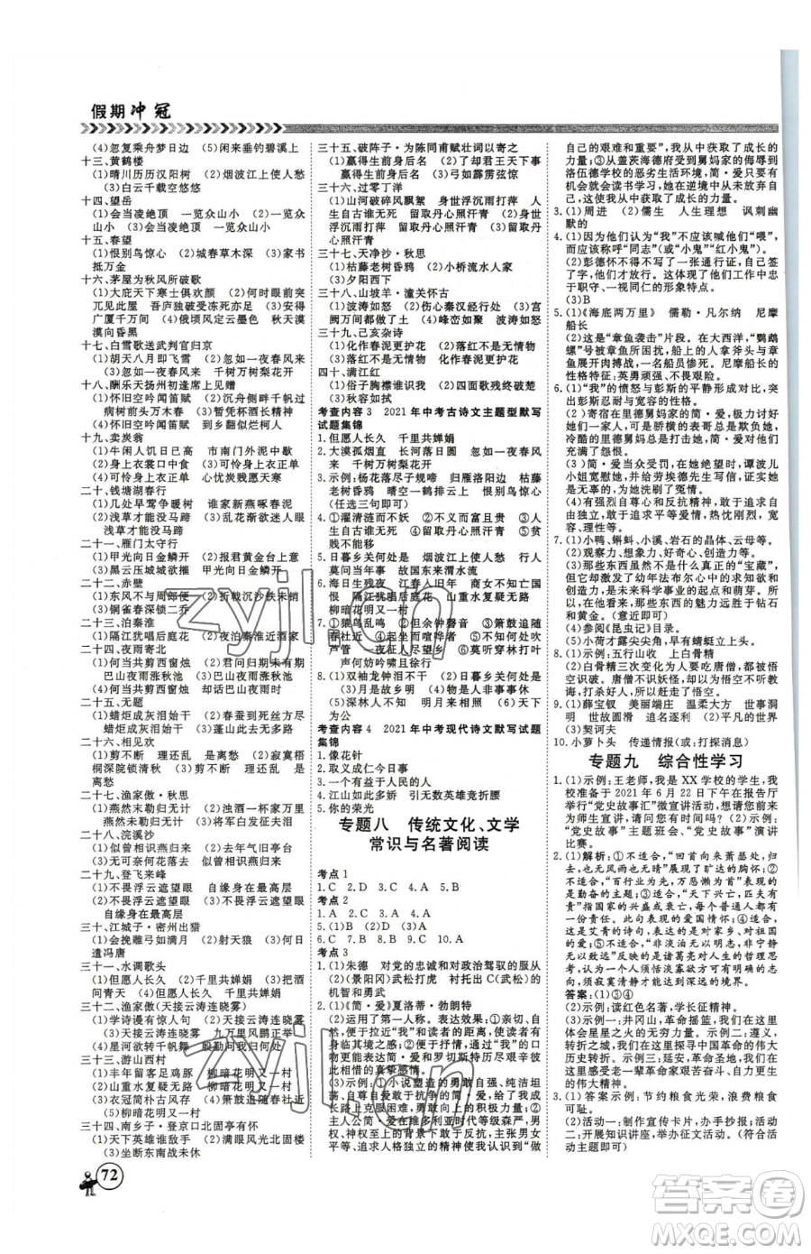 云南大學(xué)出版社2023假期沖冠九年級語文人教版參考答案