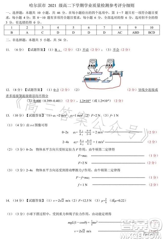 哈爾濱市2021級(jí)高二下學(xué)期學(xué)業(yè)質(zhì)量檢測(cè)物理試卷答案