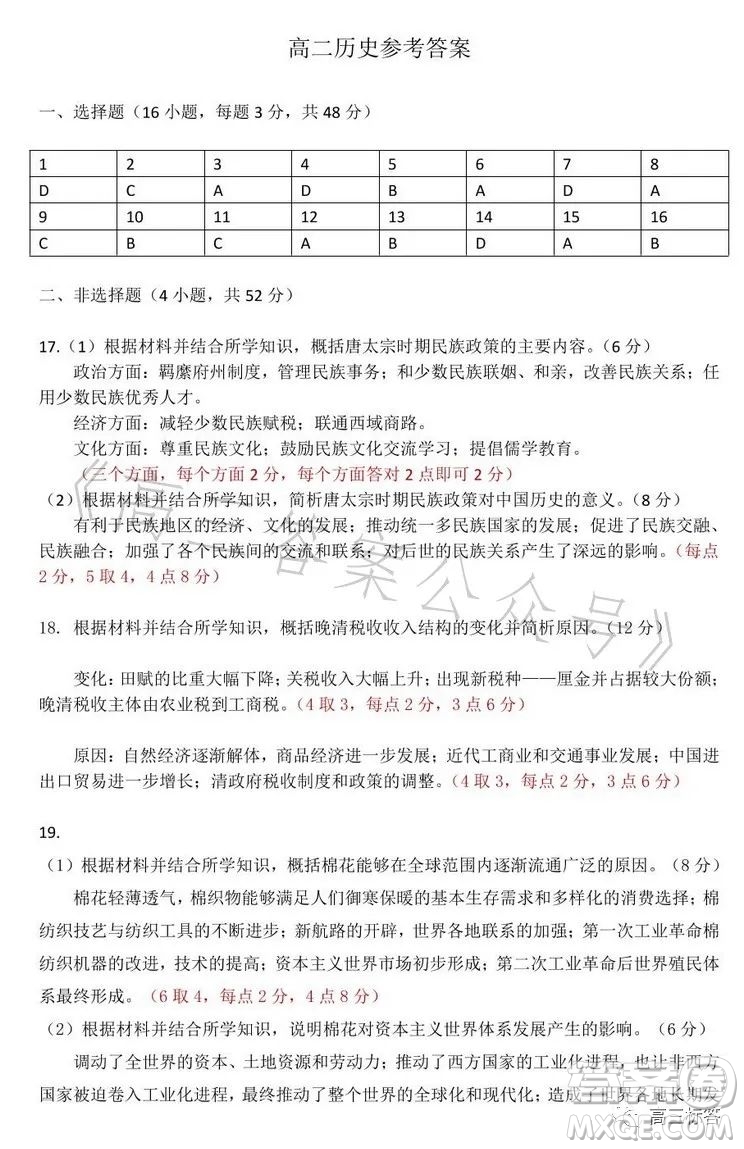 哈爾濱市2021級(jí)高二下學(xué)期學(xué)業(yè)質(zhì)量檢測(cè)歷史試卷答案