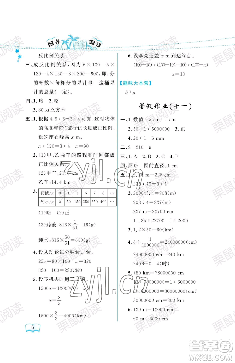 黑龍江少年兒童出版社2023陽光假日暑假六年級數(shù)學人教版參考答案