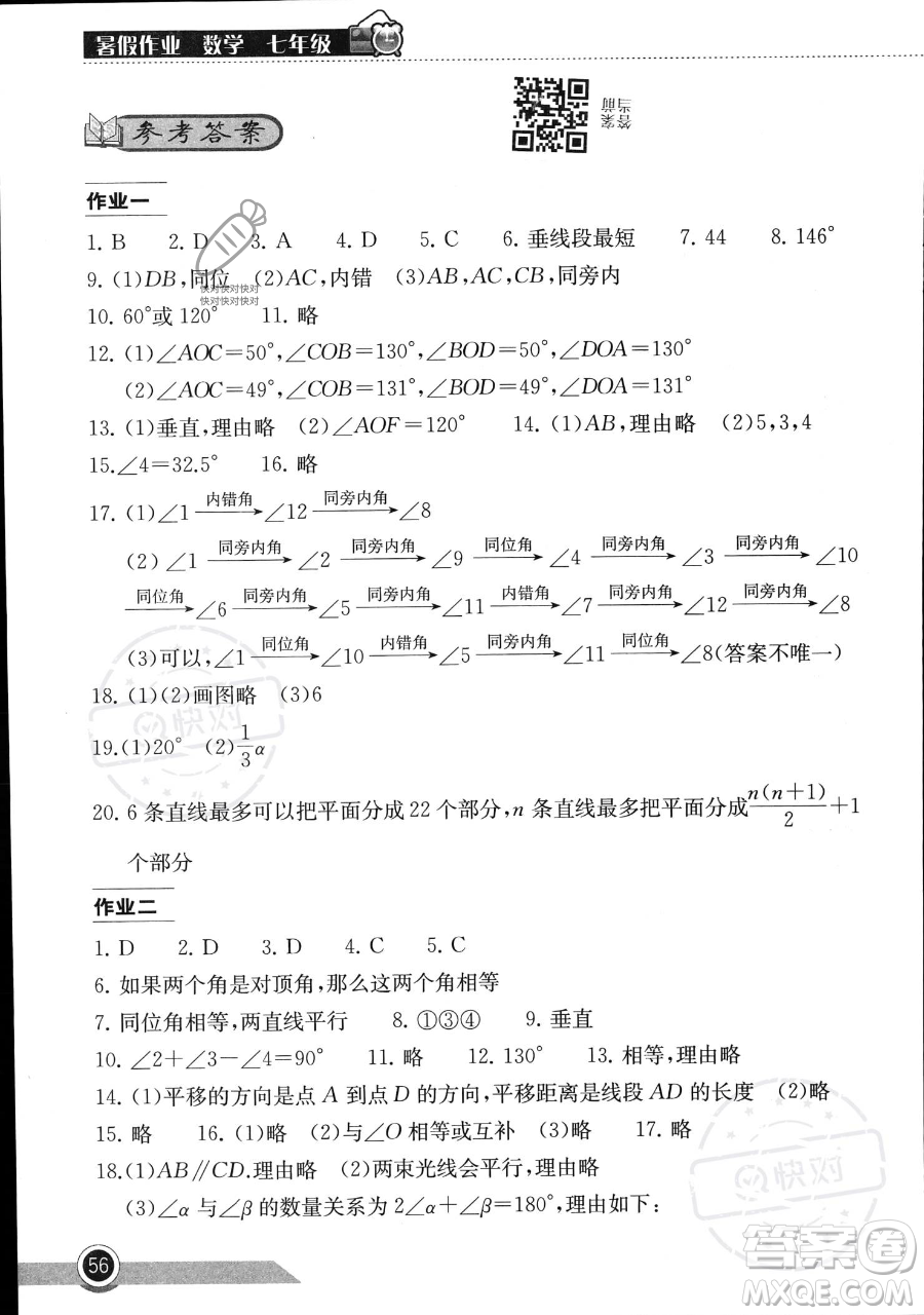 湖北教育出版社2023長江作業(yè)本暑假作業(yè)七年級數(shù)學(xué)通用版參考答案