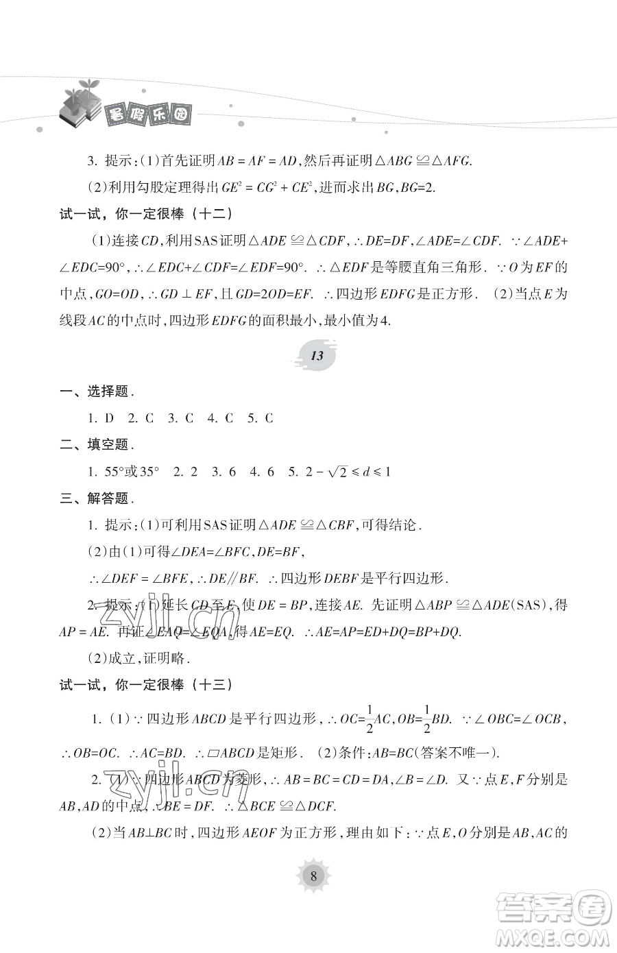 海南出版社2023暑假樂園八年級數(shù)學(xué)華師大版參考答案