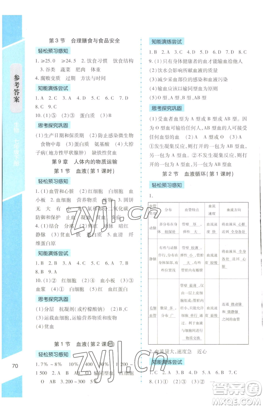 北京師范大學出版社2023課內課外直通車七年級下冊生物北師大版福建專版參考答案