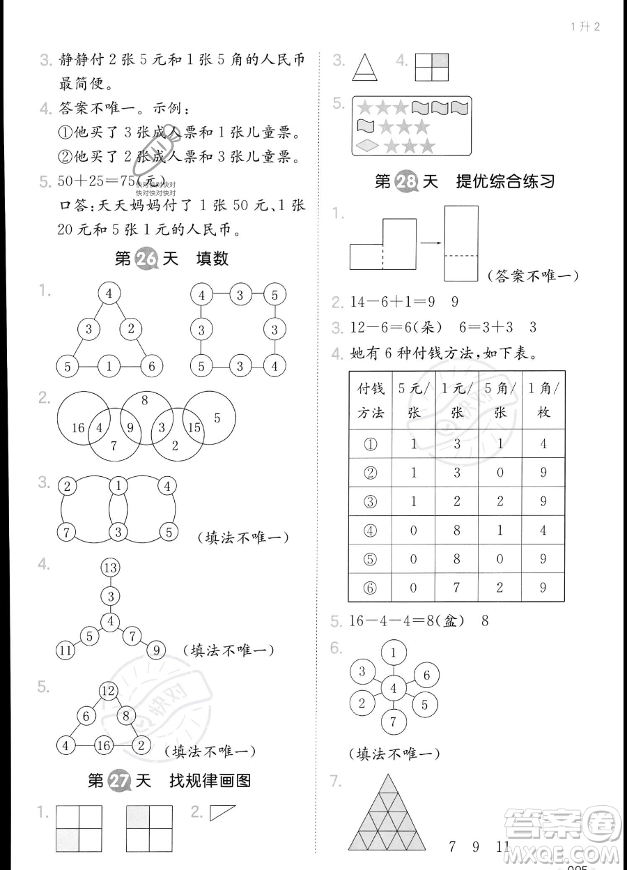 湖南教育出版社2023一本暑假銜接1升2數(shù)學(xué)人教版答案