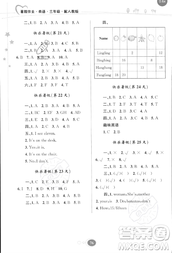 貴州人民出版社2023年暑假作業(yè)三年級英語人教版答案