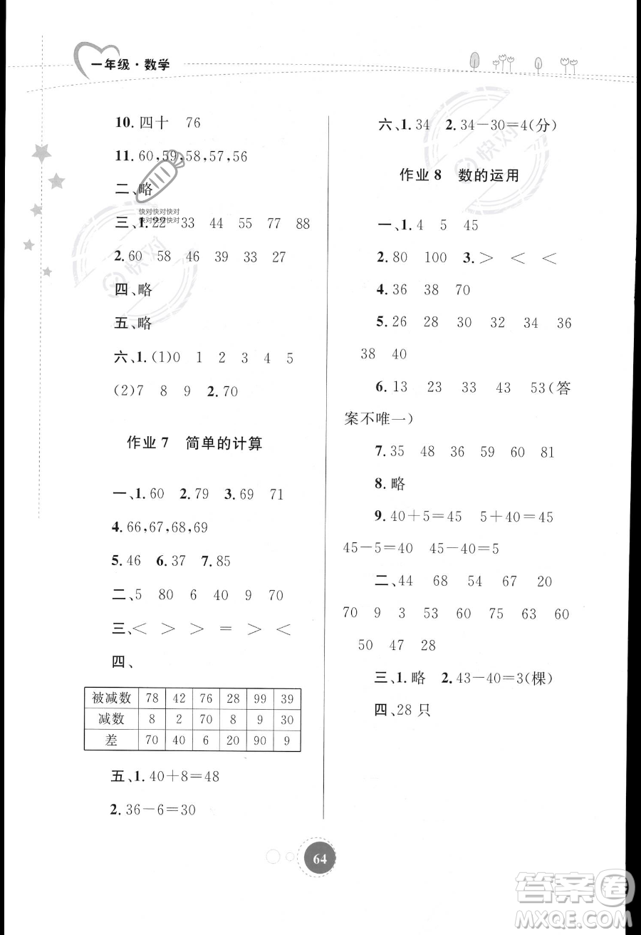 內(nèi)蒙古教育出版社2023年暑假作業(yè)一年級(jí)數(shù)學(xué)通用版答案