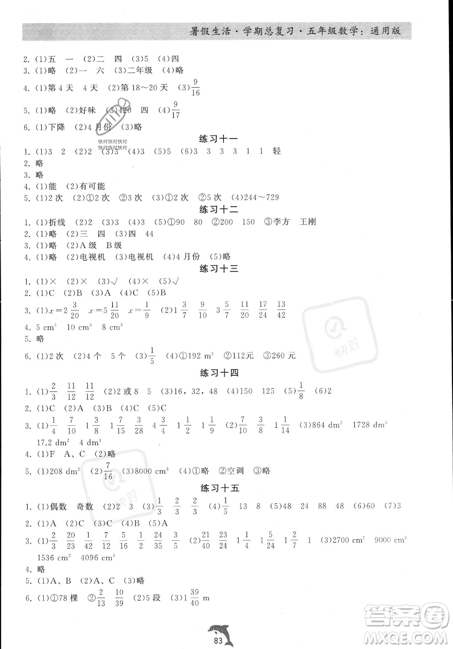 河北科學技術(shù)出版社2023暑假生活學期總復習五年級數(shù)學通用版答案