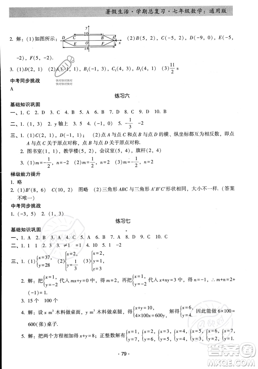 河北科學(xué)技術(shù)出版社2023暑假生活學(xué)期總復(fù)習(xí)七年級(jí)數(shù)學(xué)通用版答案