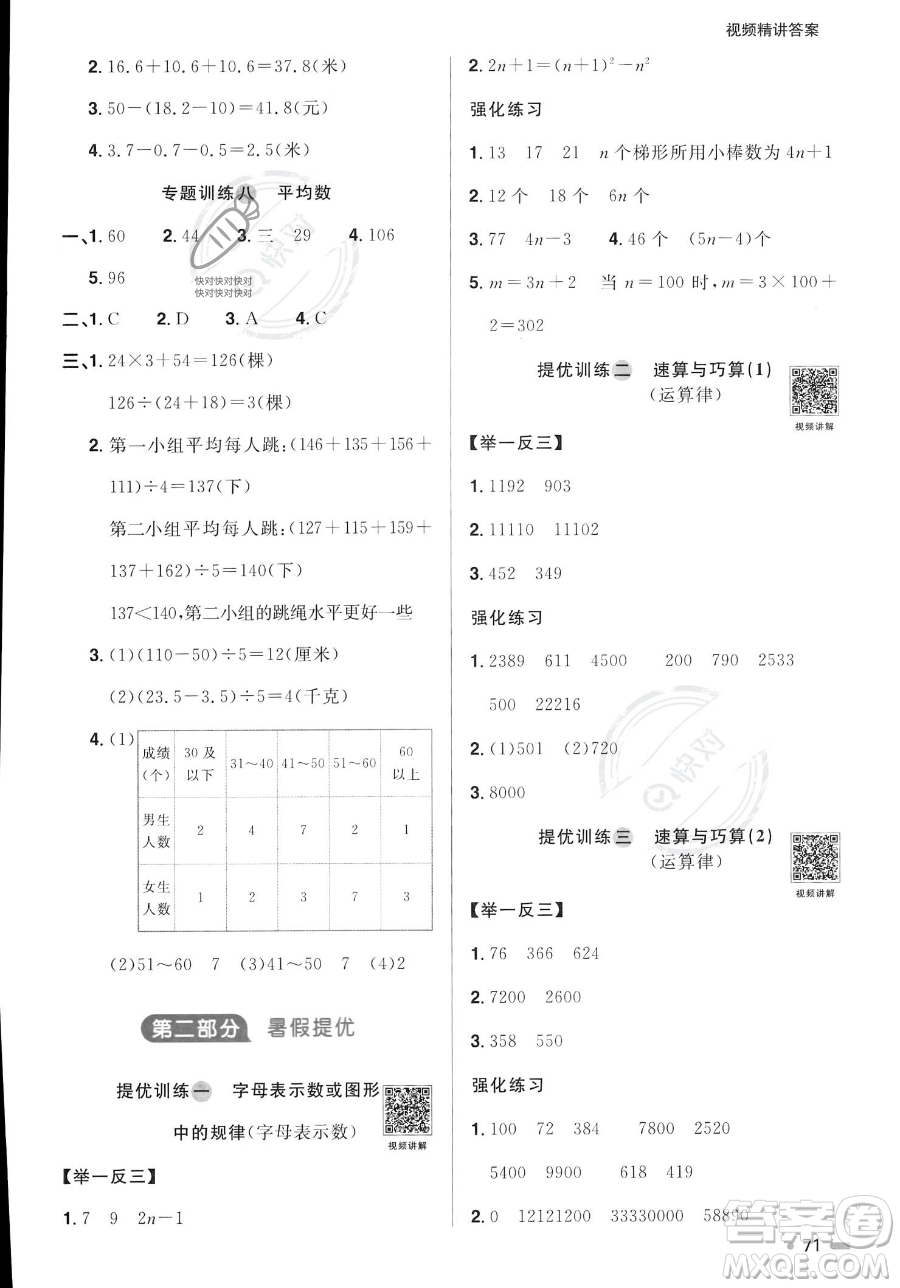 江蘇教育出版社2023年陽光同學暑假銜接4升5年級數(shù)學青島版答案