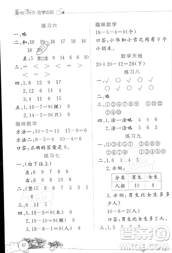 云南大學出版社2023年暑假活動邊學邊玩一年級數學通用版答案