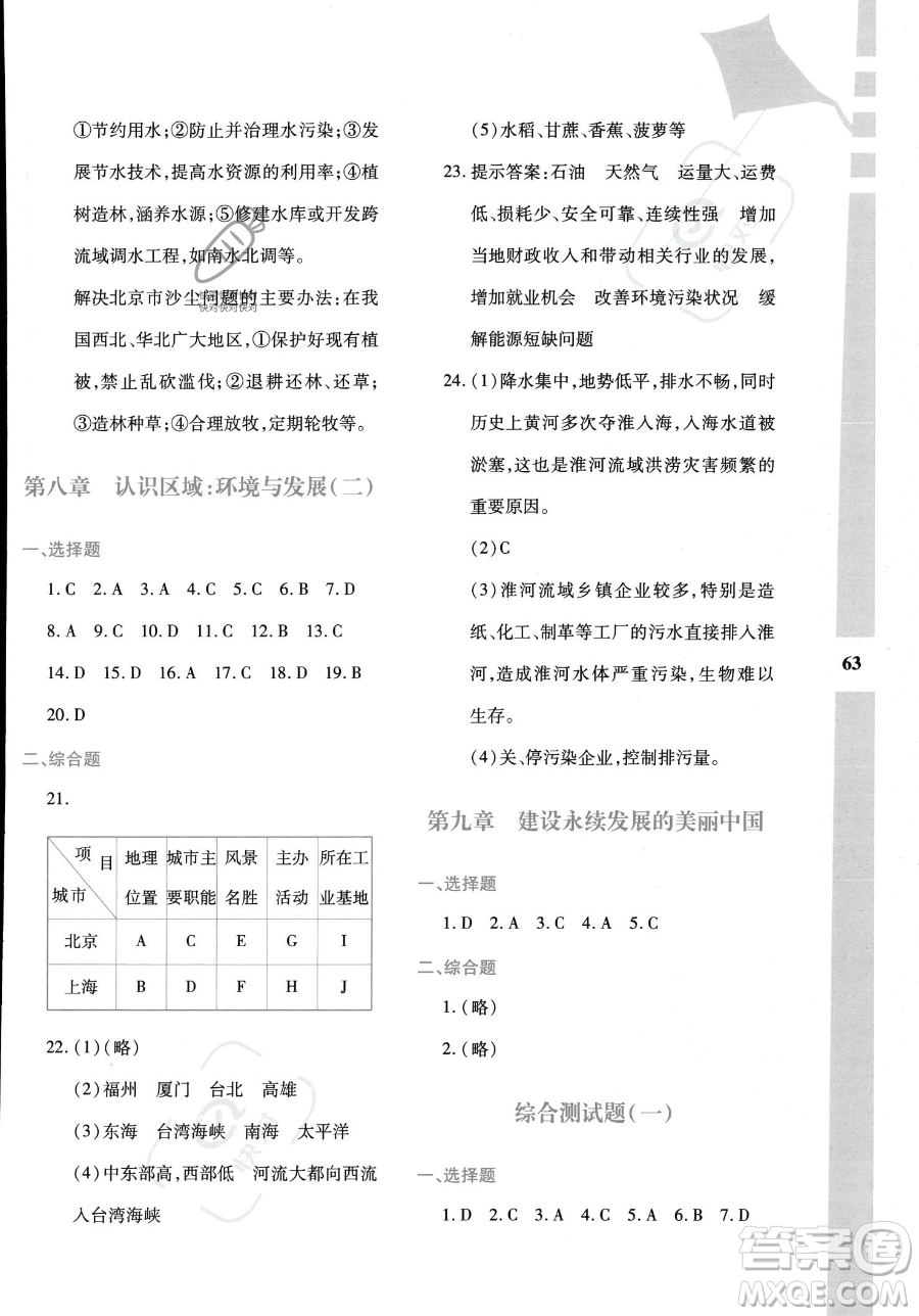 陜西人民教育出版社2023年暑假作業(yè)與生活八年級地理M版答案