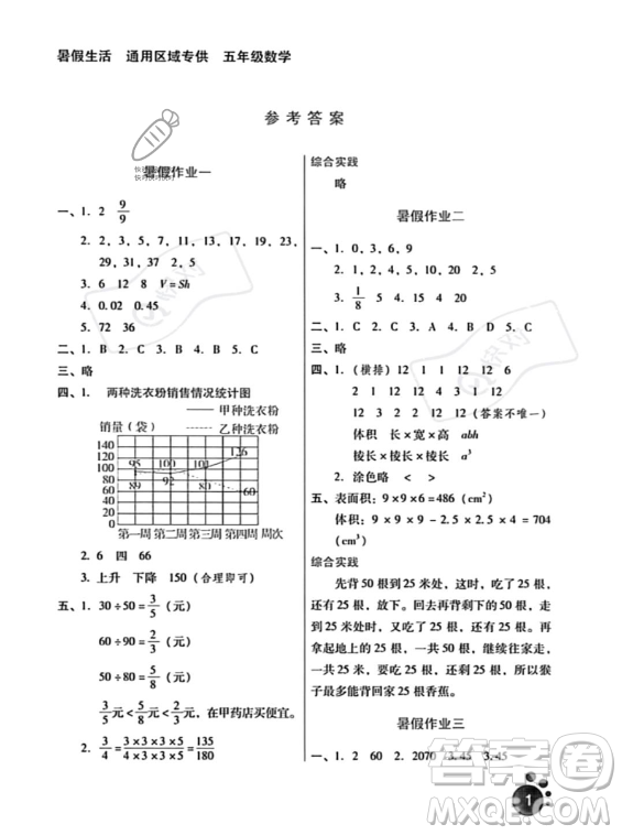 河北人民出版社2023年暑假生活五年級(jí)數(shù)學(xué)通用版答案