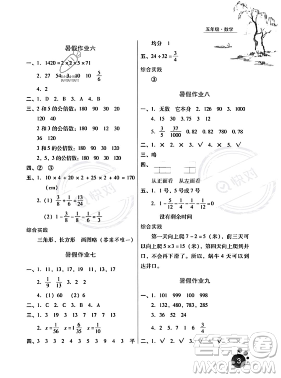 河北人民出版社2023年暑假生活五年級(jí)數(shù)學(xué)通用版答案