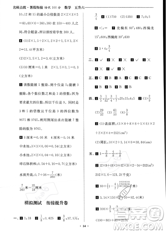 江蘇鳳凰美術(shù)出版社2023年名師點(diǎn)撥暑假銜接培優(yōu)100分五升六年級數(shù)學(xué)通用版答案