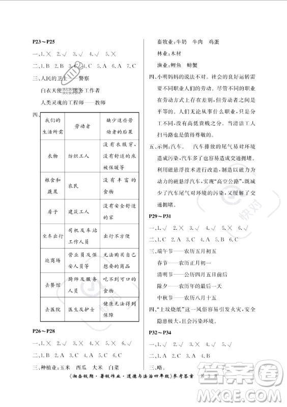 湖南大學(xué)出版社2023年湘岳假期暑假作業(yè)四年級(jí)道德與法治湘教版答案