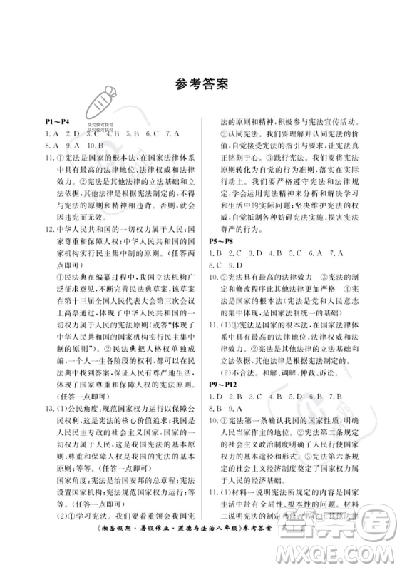 湖南大學出版社2023年湘岳假期暑假作業(yè)八年級道德與法治人教版答案