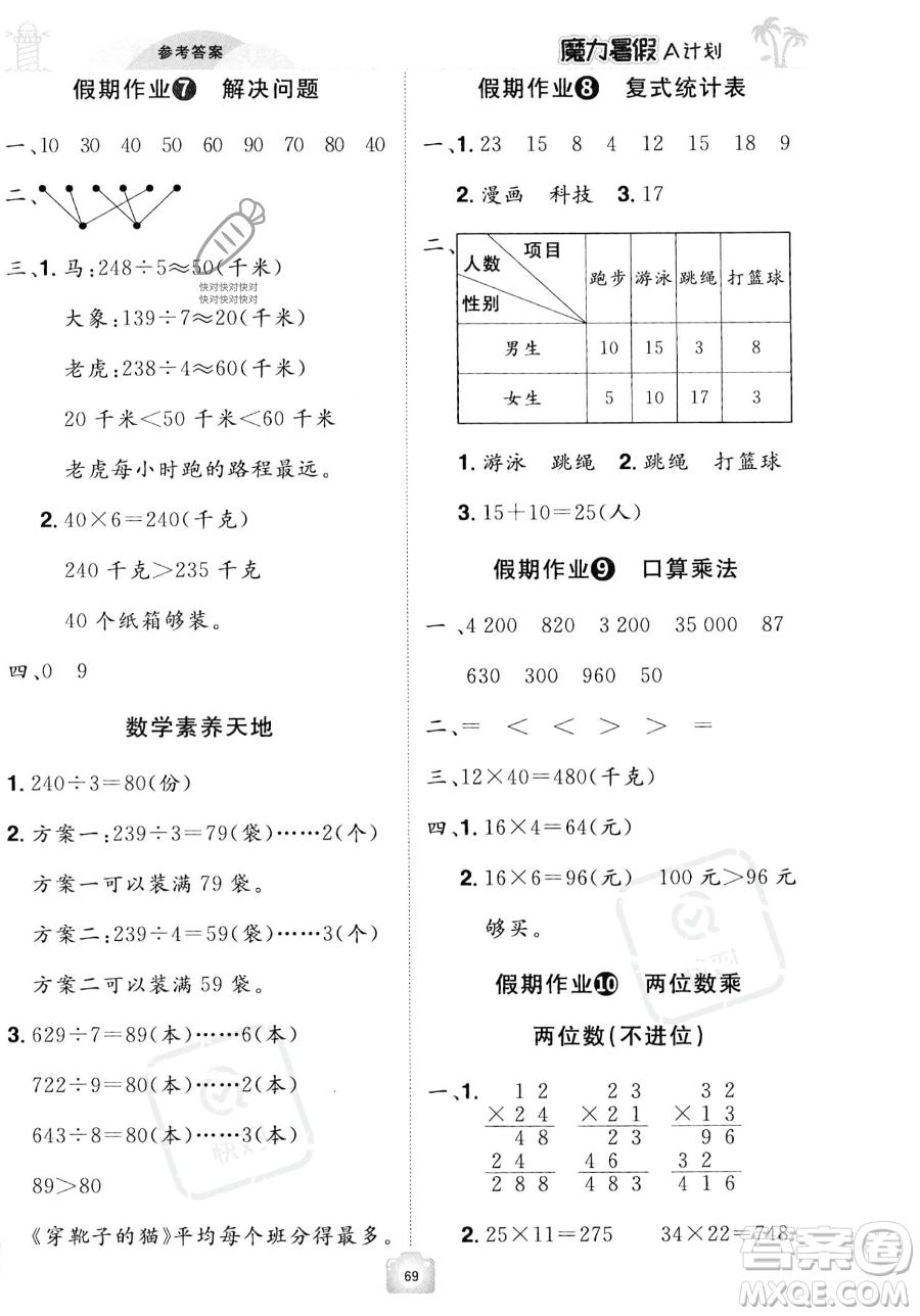 江西美術(shù)出版社2023年魔力暑假A計(jì)劃三年級(jí)數(shù)學(xué)人教版答案