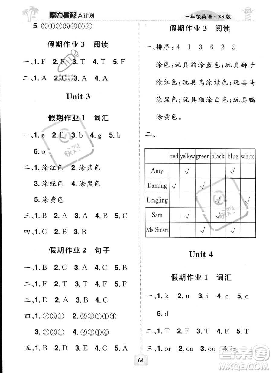 江西美術(shù)出版社2023年魔力暑假A計(jì)劃三年級(jí)英語(yǔ)西師大版答案