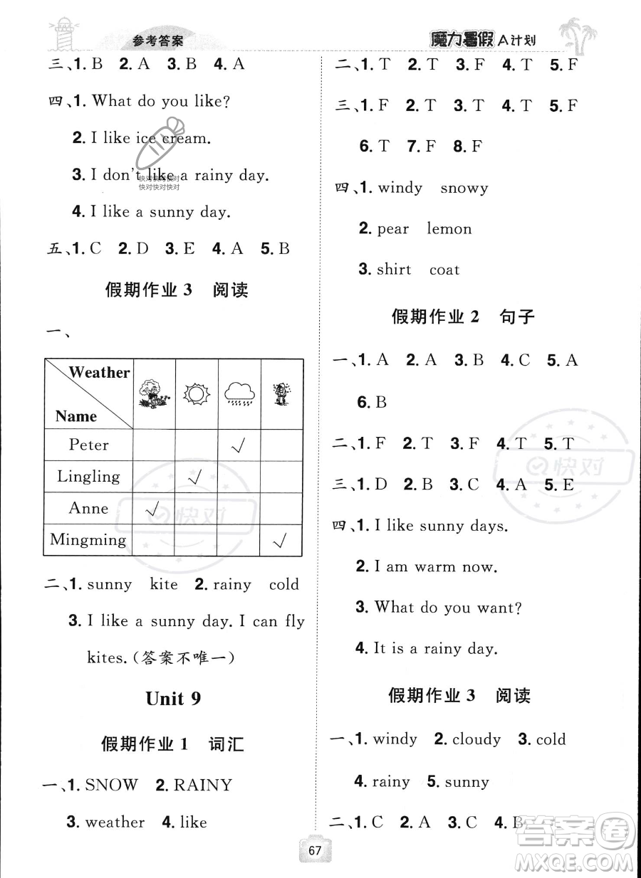 江西美術(shù)出版社2023年魔力暑假A計(jì)劃三年級(jí)英語(yǔ)西師大版答案