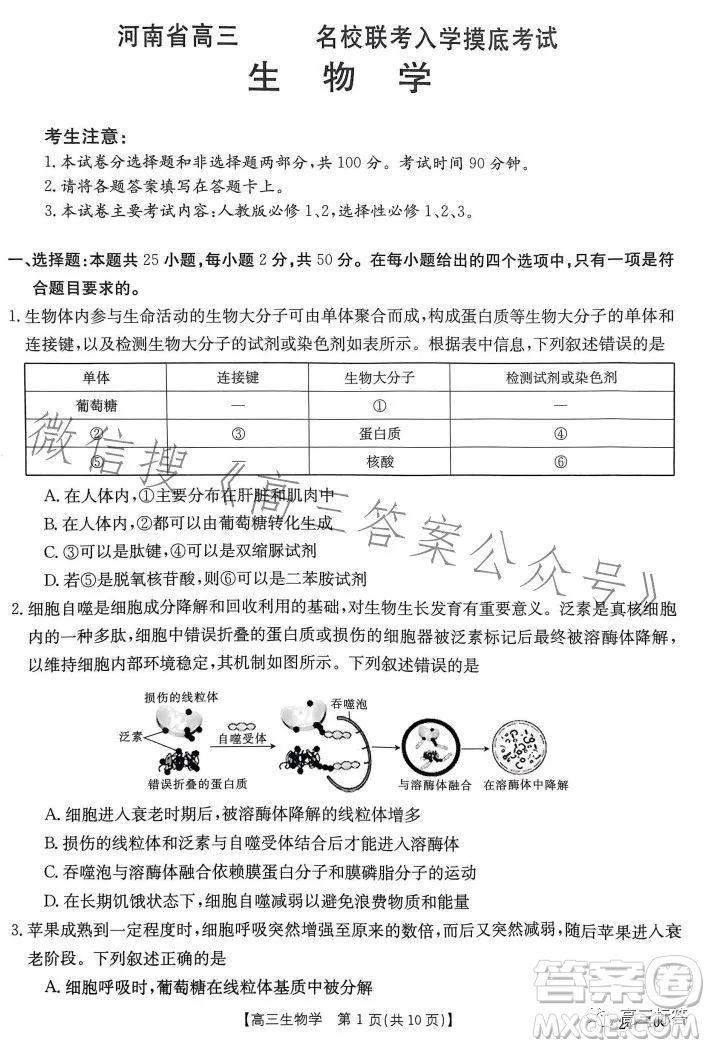 2024屆河南省金太陽高三名校聯(lián)考入學(xué)摸底考試生物試卷答案