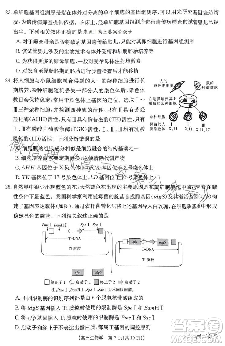 2024屆河南省金太陽高三名校聯(lián)考入學(xué)摸底考試生物試卷答案