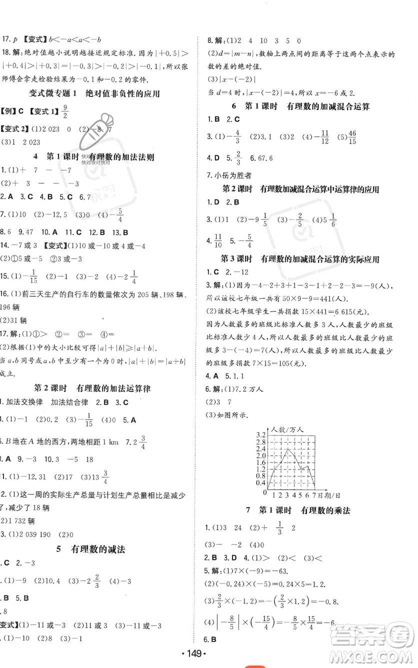 湖南教育出版社2023年一本同步訓(xùn)練七年級上冊數(shù)學(xué)北師大版答案