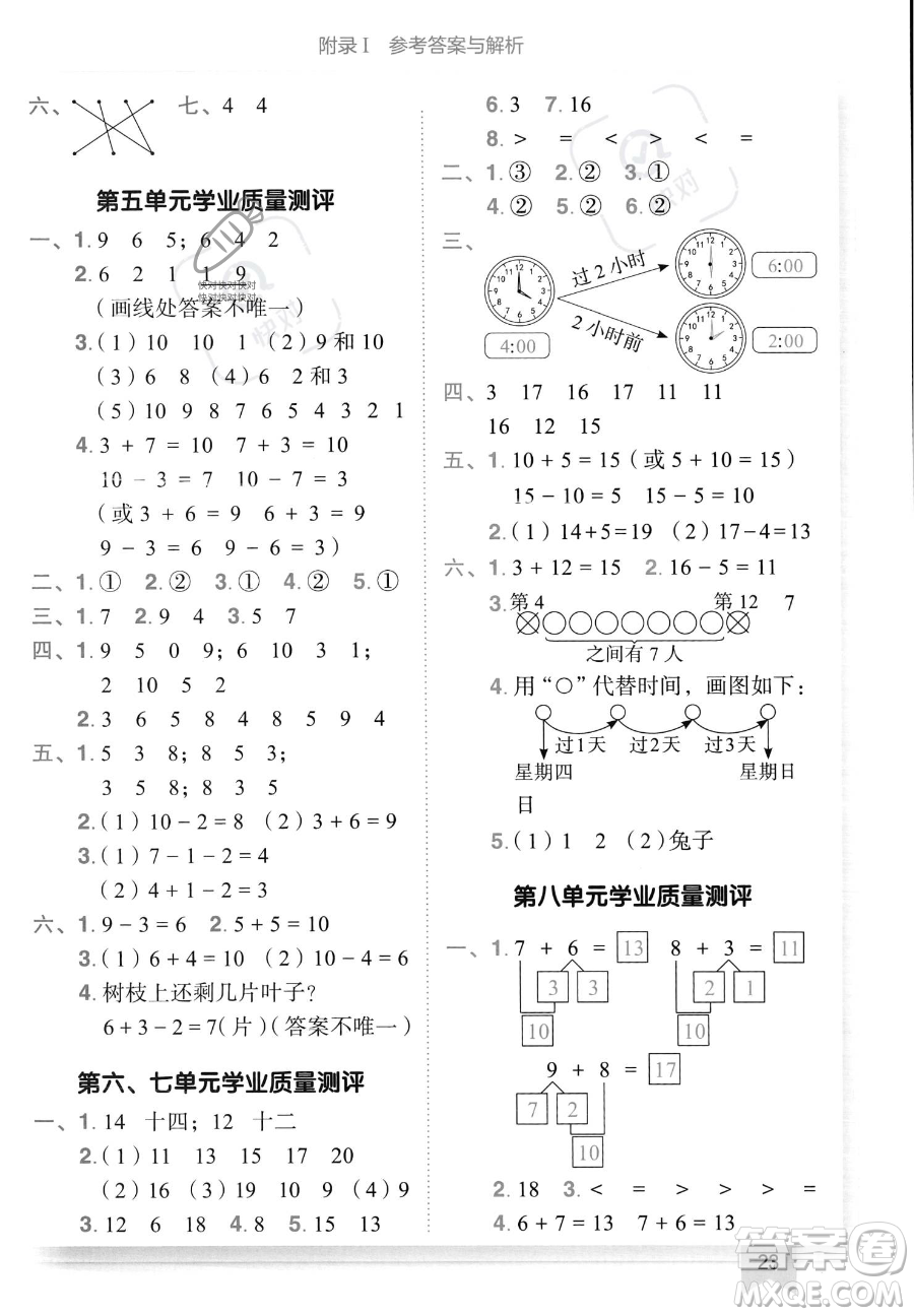 龍門書局2023黃岡小狀元作業(yè)本一年級(jí)上冊(cè)數(shù)學(xué)人教版答案