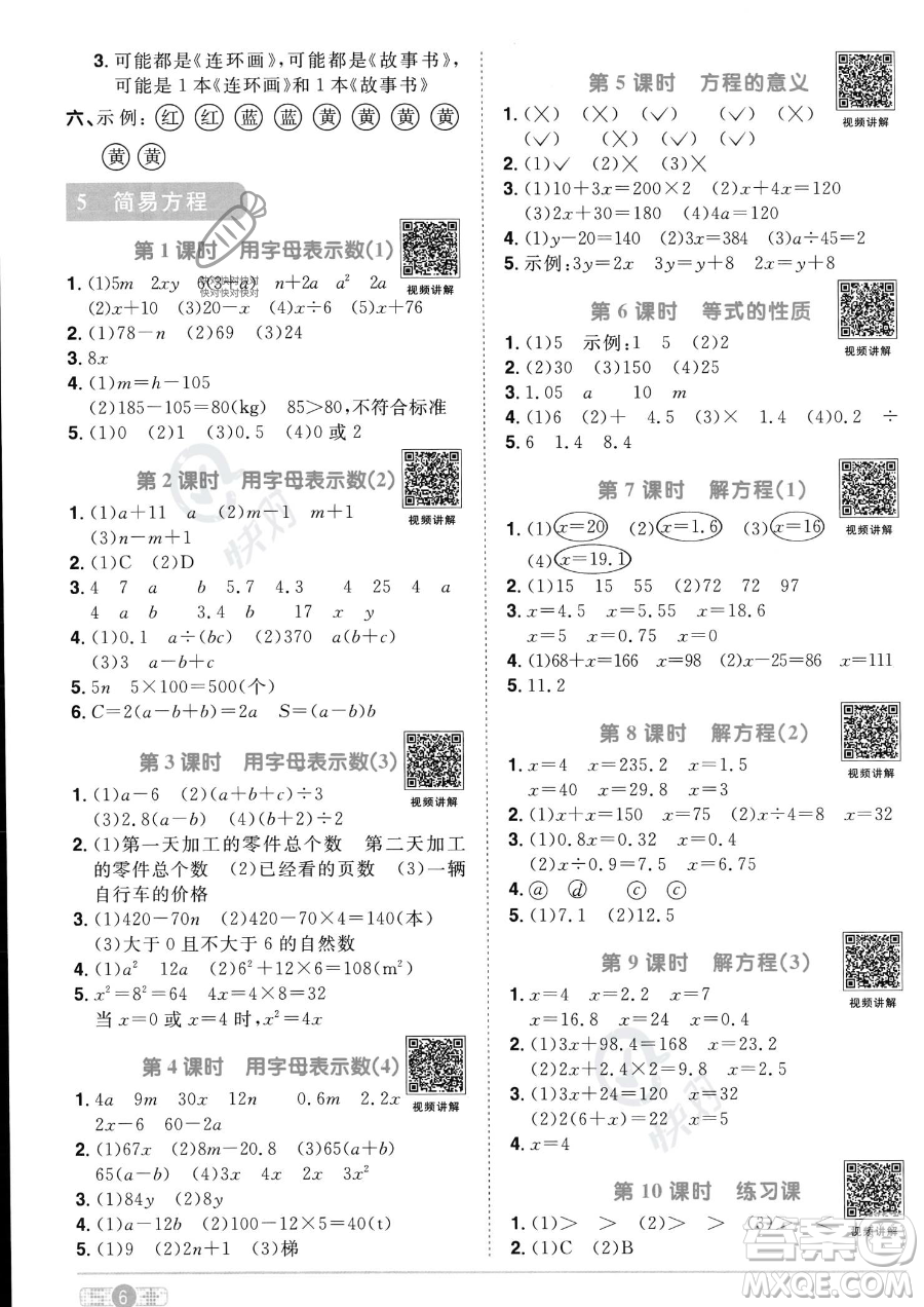 江西教育出版社2023陽光同學課時優(yōu)化作業(yè)五年級上冊數(shù)學人教版答案