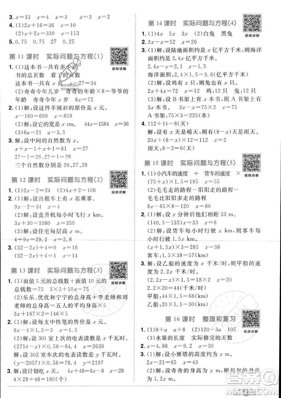 江西教育出版社2023陽光同學課時優(yōu)化作業(yè)五年級上冊數(shù)學人教版答案