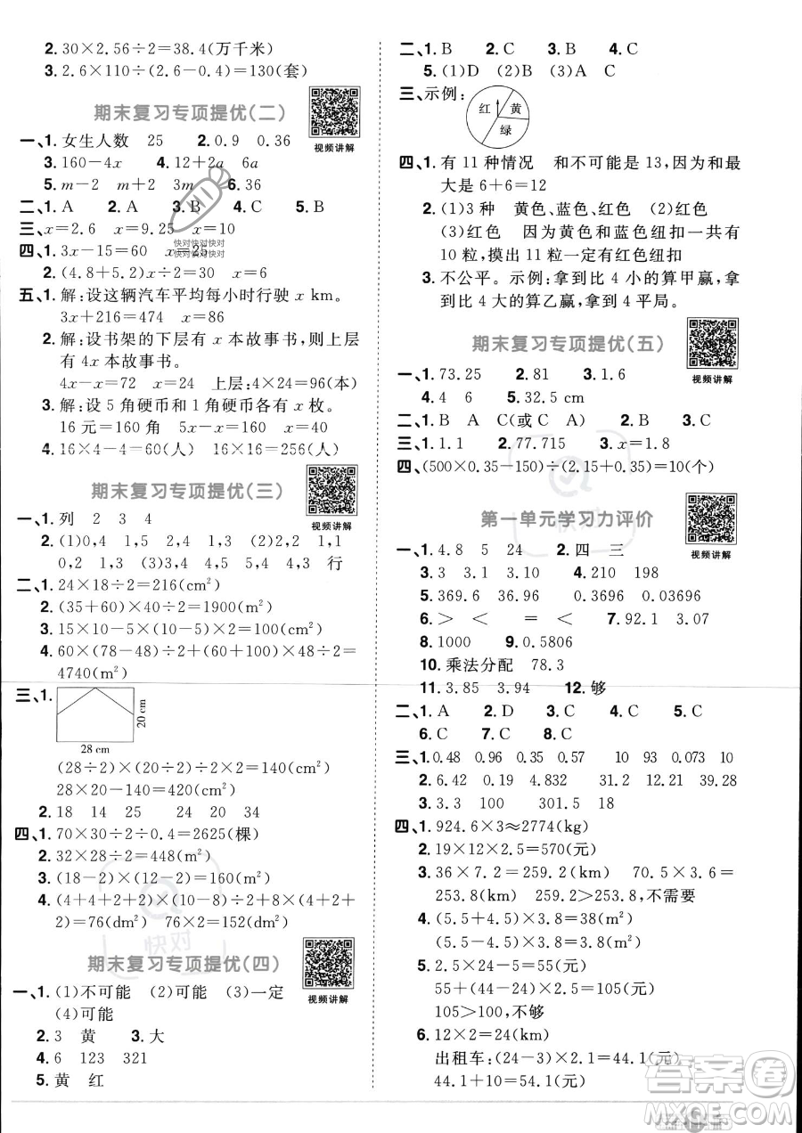 江西教育出版社2023陽光同學課時優(yōu)化作業(yè)五年級上冊數(shù)學人教版答案