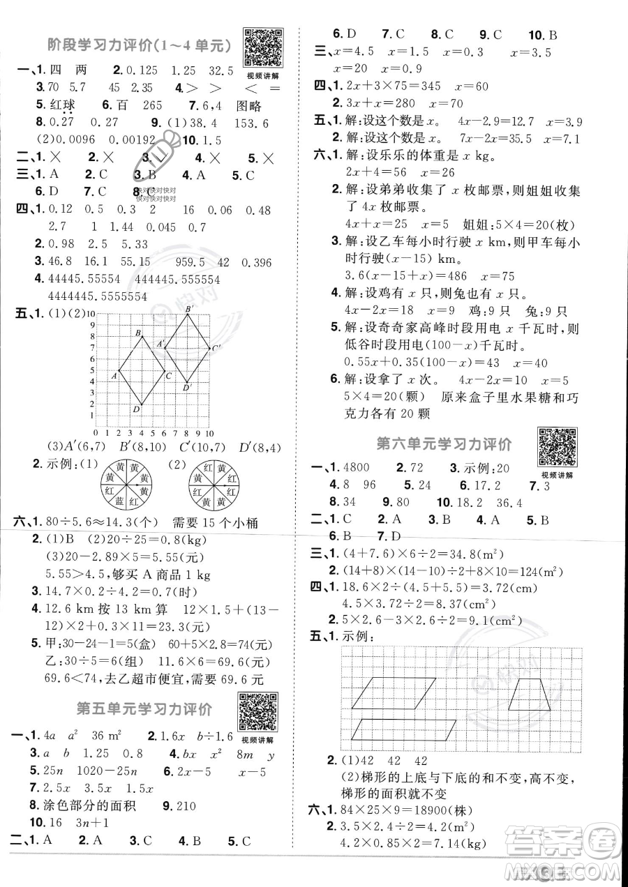 江西教育出版社2023陽光同學課時優(yōu)化作業(yè)五年級上冊數(shù)學人教版答案