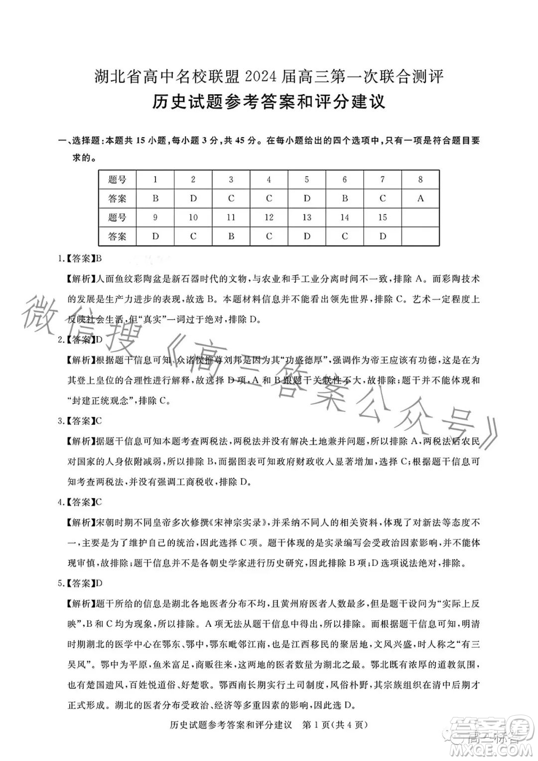 湖北省高中名校聯(lián)盟2024屆高三第一次聯(lián)合測(cè)評(píng)歷史試卷答案