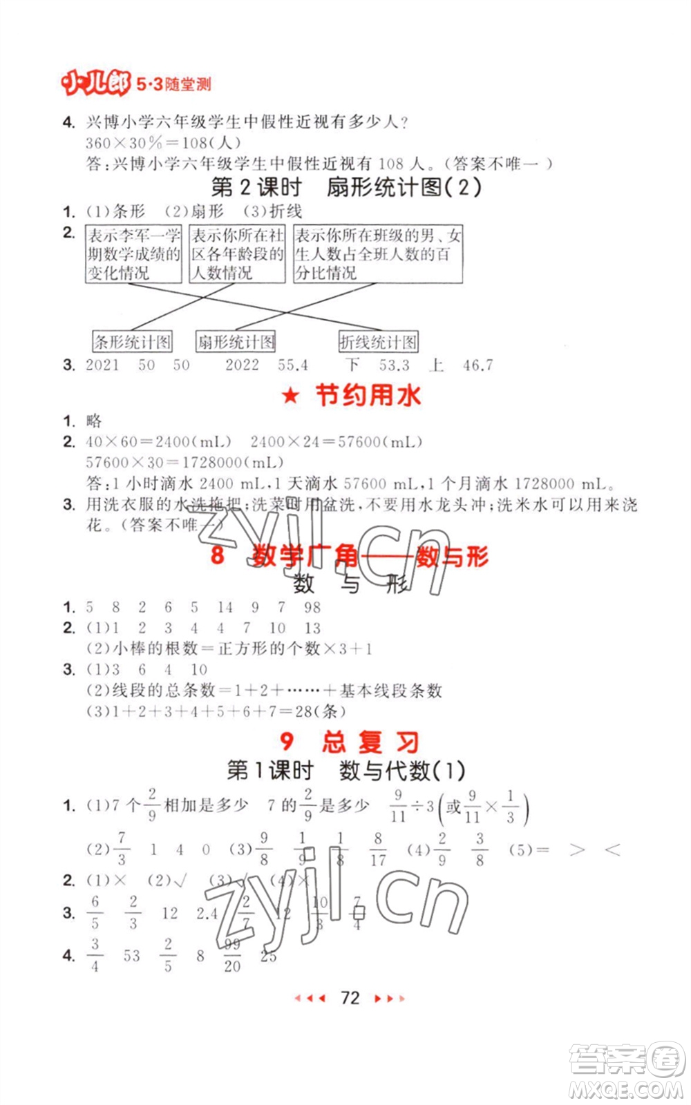 教育科學(xué)出版社2023年秋季53隨堂測六年級數(shù)學(xué)上冊人教版參考答案