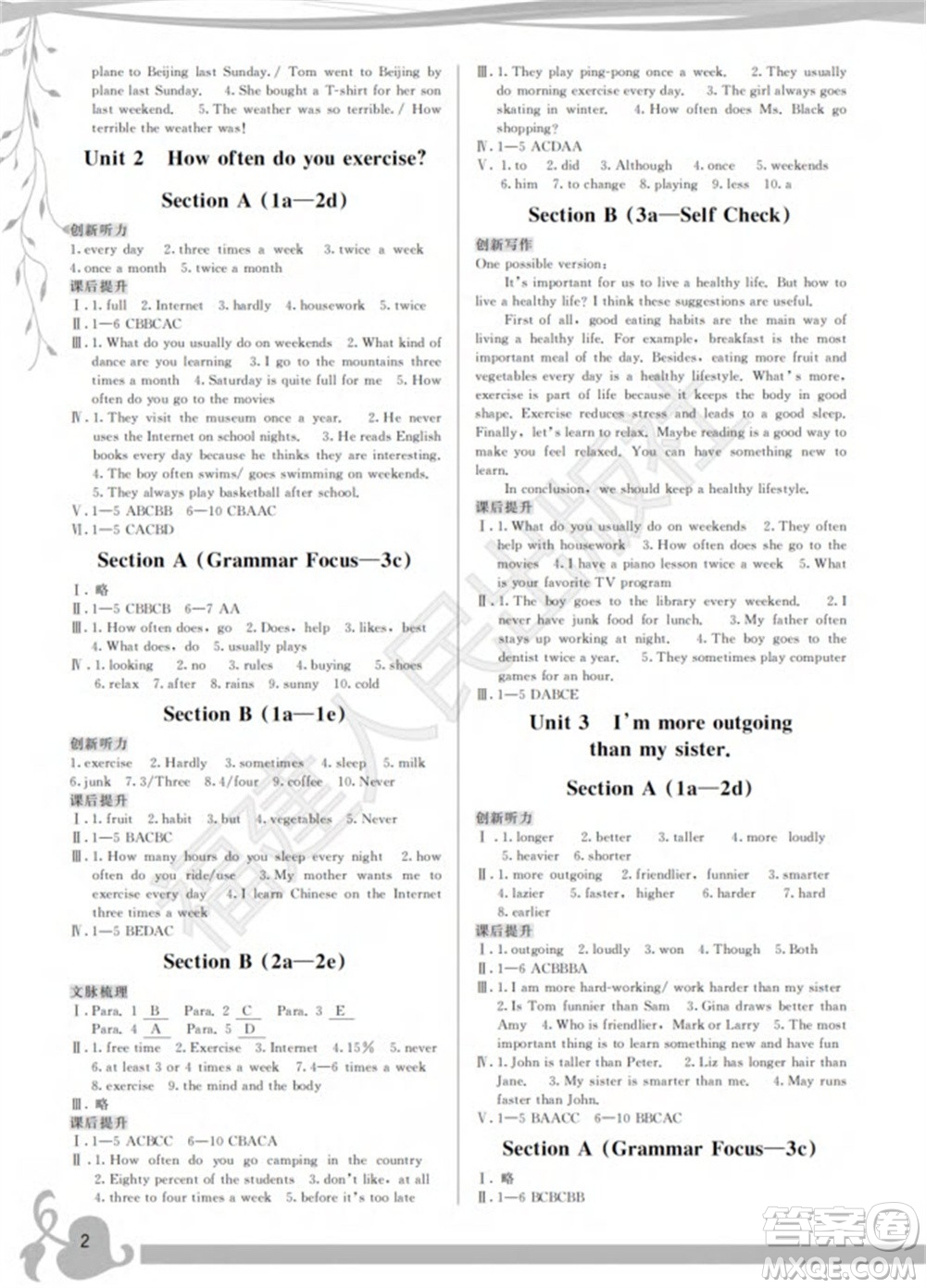 福建人民出版社2023年秋季頂尖課課練八年級(jí)英語(yǔ)上冊(cè)人教版參考答案