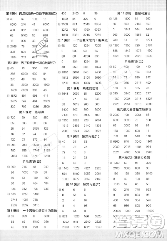 江西教育出版社2023年秋季陽光同學計算小達人三年級上冊數(shù)學人教版答案