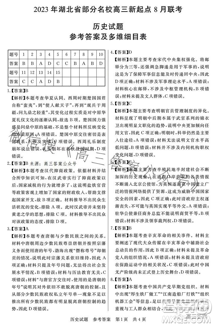 2023年湖北省部分名校高三新起點(diǎn)8月聯(lián)考?xì)v史試題答案