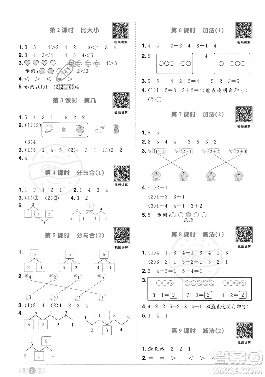 江西教育出版社2023年秋季陽光同學(xué)課時優(yōu)化作業(yè)一年級上冊數(shù)學(xué)人教版答案