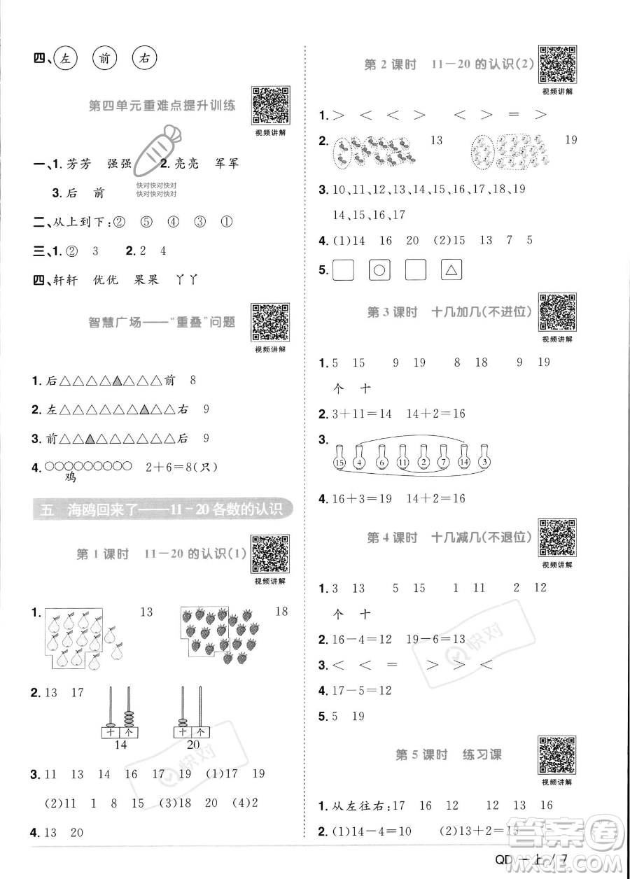 江西教育出版社2023年秋季陽光同學(xué)課時優(yōu)化作業(yè)一年級上冊數(shù)學(xué)青島版答案