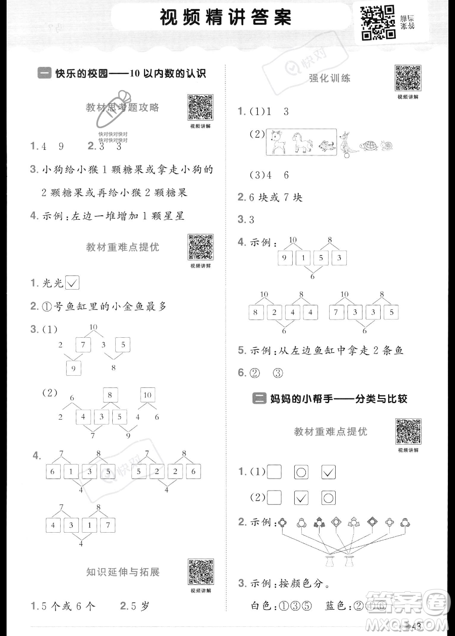 江西教育出版社2023年秋季陽光同學(xué)課時優(yōu)化作業(yè)一年級上冊數(shù)學(xué)青島版答案