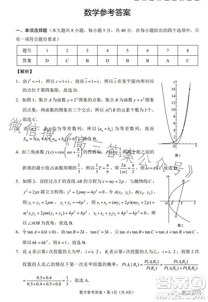 2024屆云南師范大學(xué)附屬中學(xué)高考適應(yīng)性月考卷一數(shù)學(xué)試卷答案