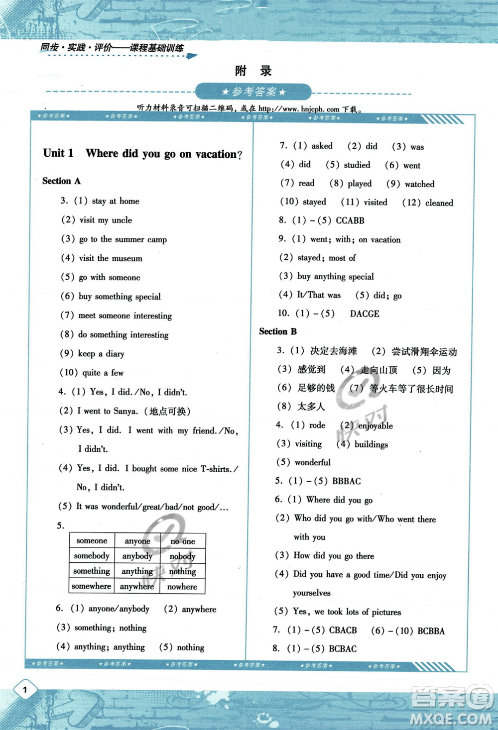 湖南少年兒童出版社2023年秋季同步實(shí)踐評價(jià)課程基礎(chǔ)訓(xùn)練八年級上冊英語人教版答案