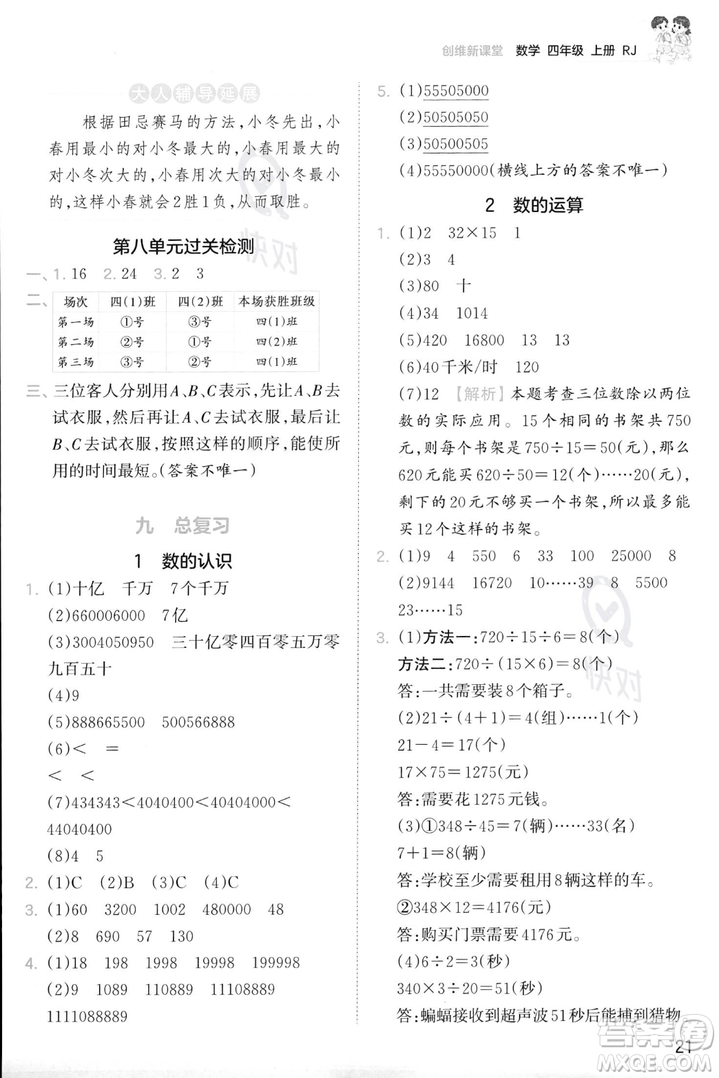 江西人民出版社2023年秋季王朝霞創(chuàng)維新課堂四年級上冊數(shù)學人教版答案