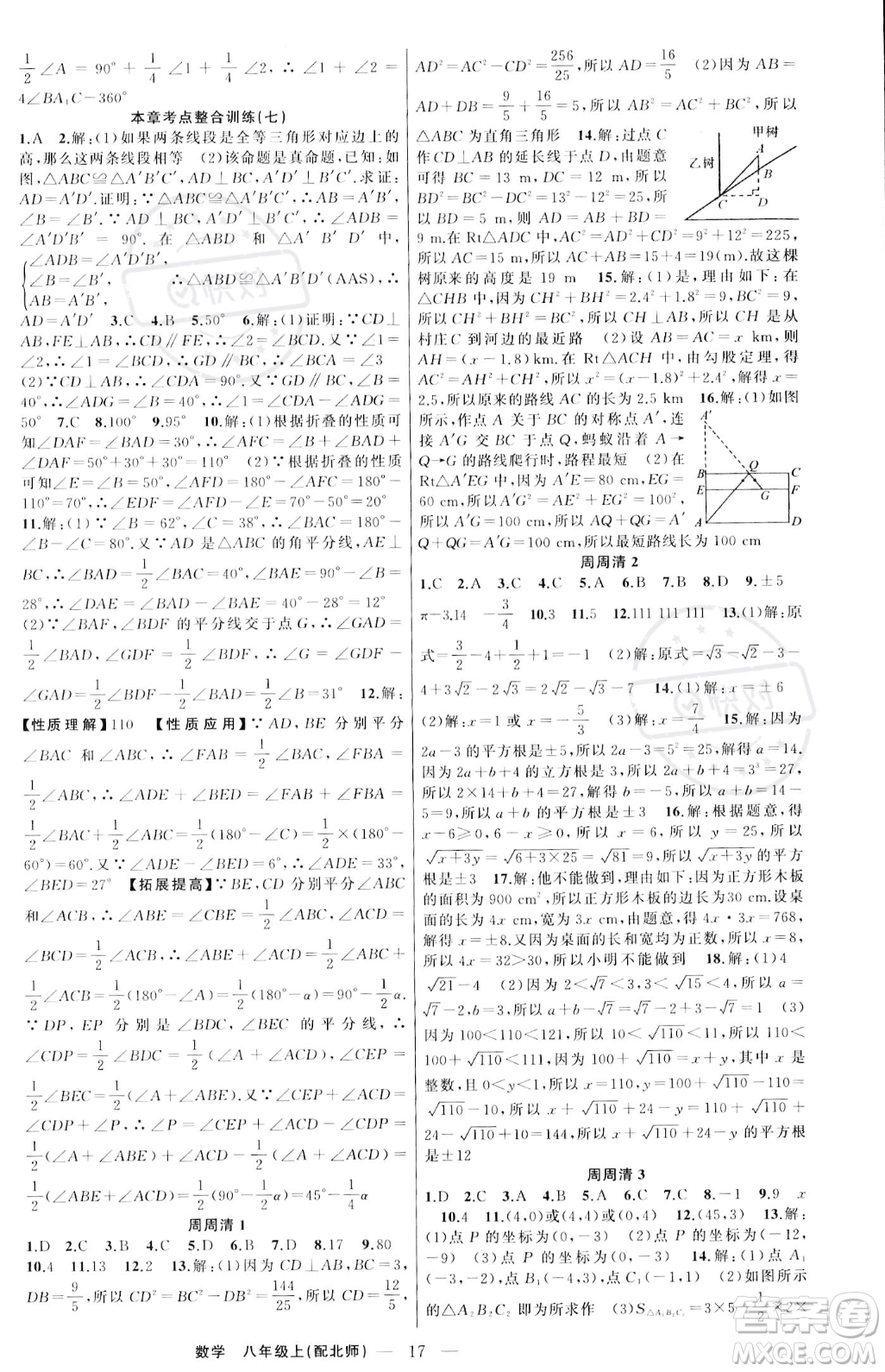 新疆青少年出版社2023年秋季四清導(dǎo)航八年級(jí)上冊數(shù)學(xué)北師大版答案