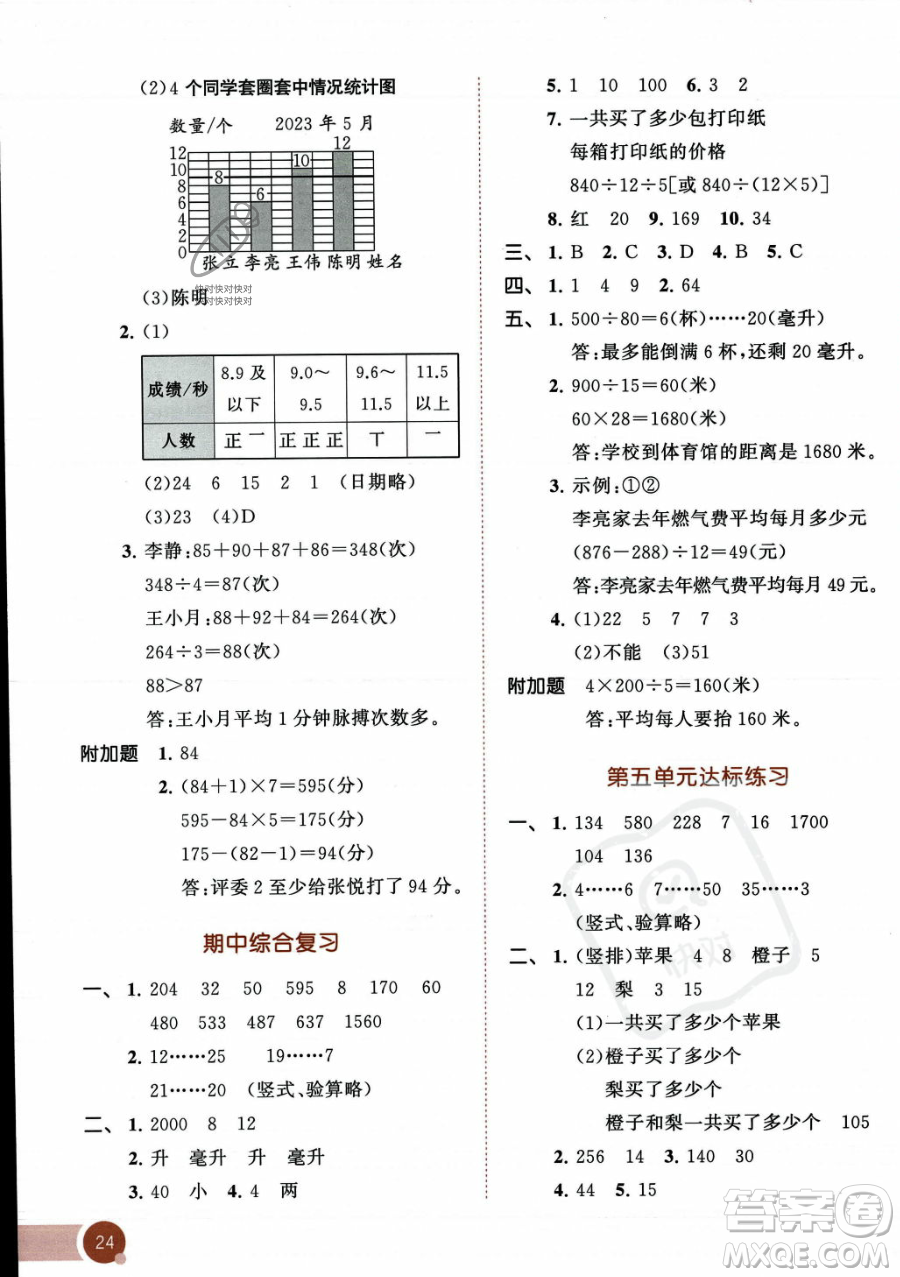 教育科學(xué)出版社2023年秋季53天天練四年級(jí)上冊(cè)數(shù)學(xué)蘇教版答案