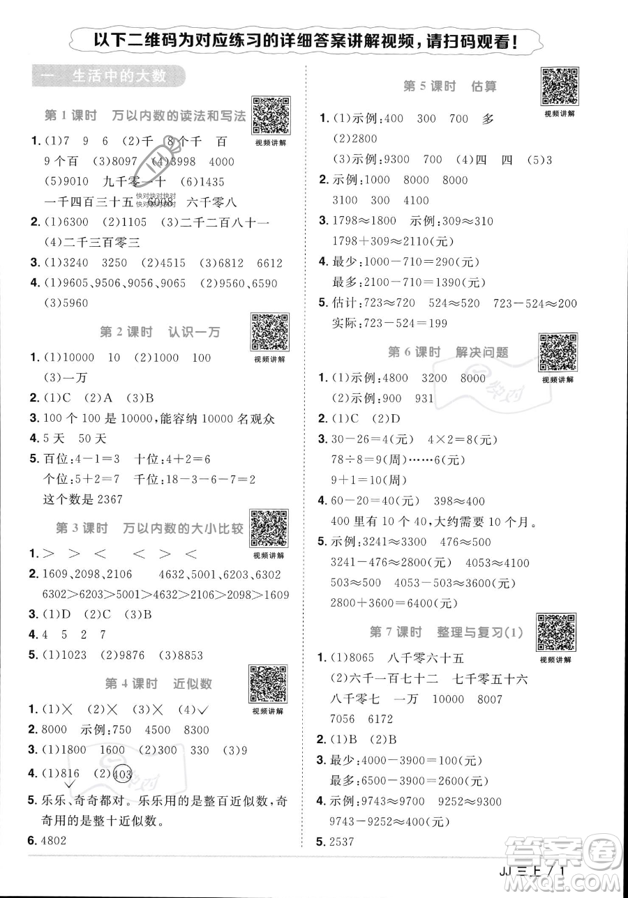 江西教育出版社2023年秋季陽光同學(xué)課時優(yōu)化作業(yè)三年級上冊數(shù)學(xué)冀教版答案