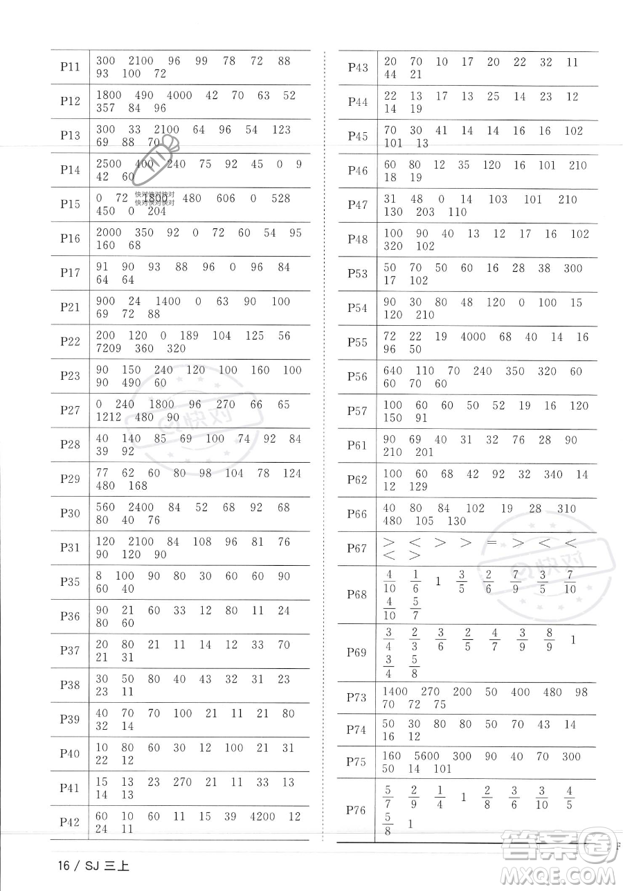 江西教育出版社2023年秋季陽光同學課時優(yōu)化作業(yè)三年級上冊數(shù)學蘇教版答案