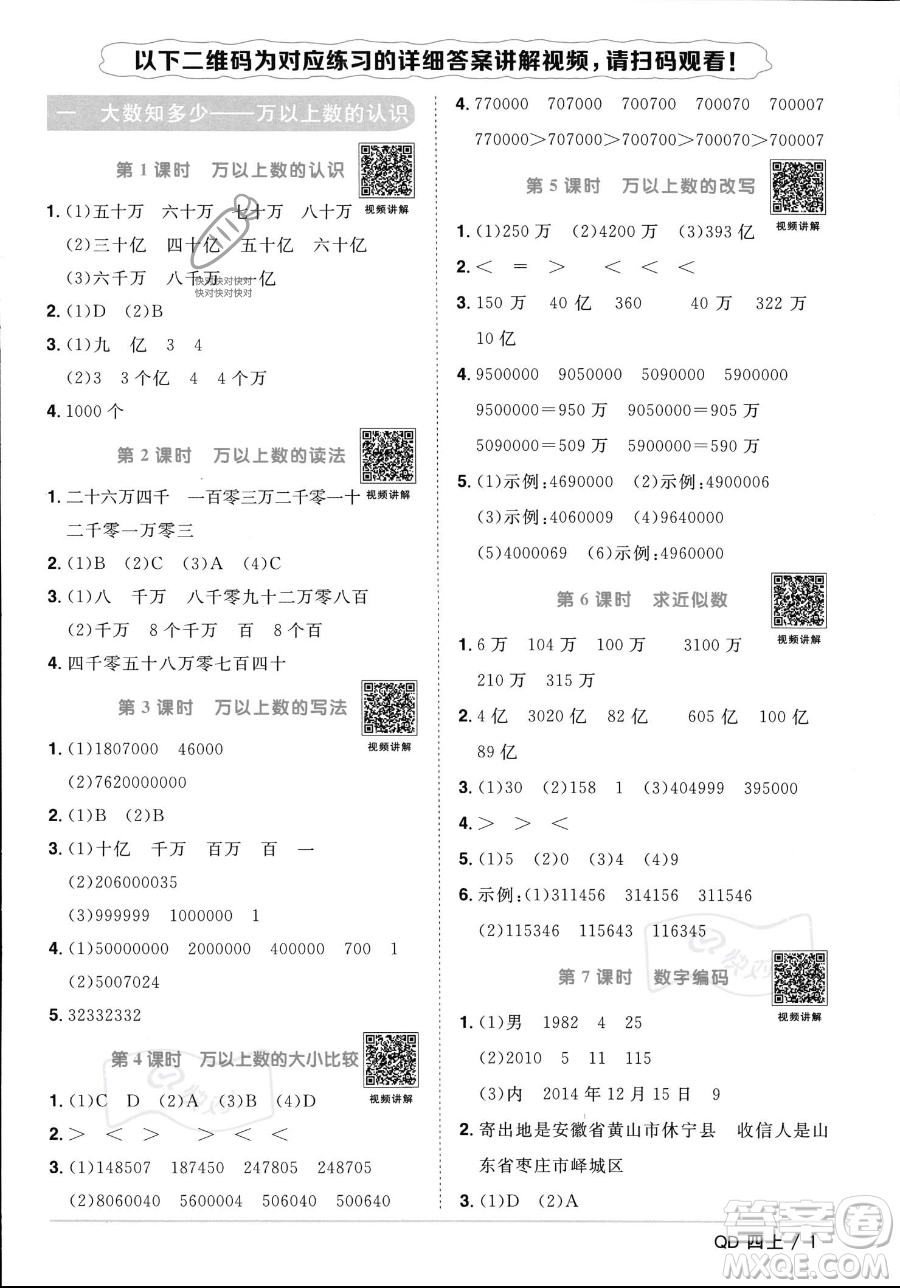 江西教育出版社2023年秋季陽光同學課時優(yōu)化作業(yè)四年級上冊數(shù)學青島版答案