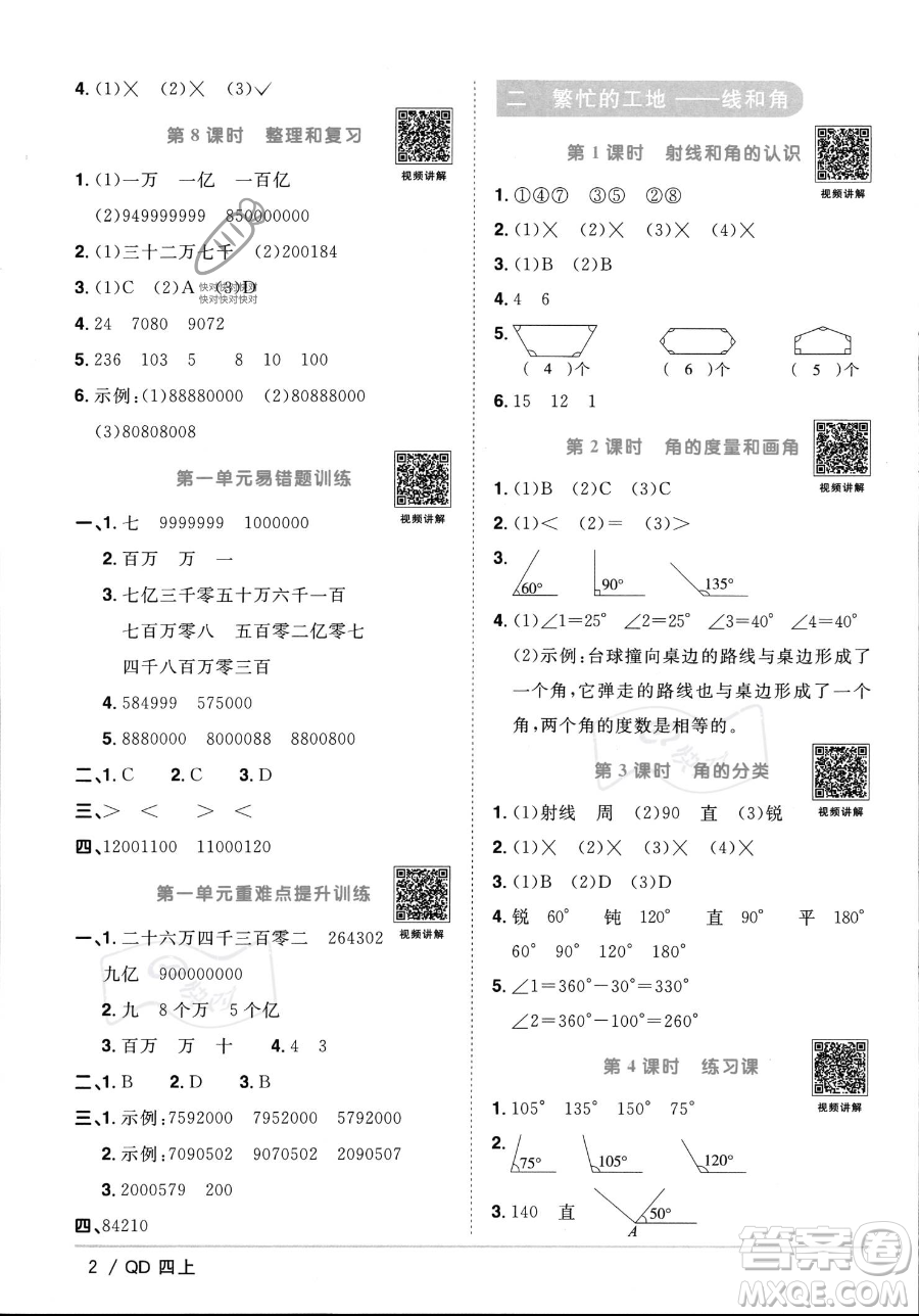 江西教育出版社2023年秋季陽光同學課時優(yōu)化作業(yè)四年級上冊數(shù)學青島版答案